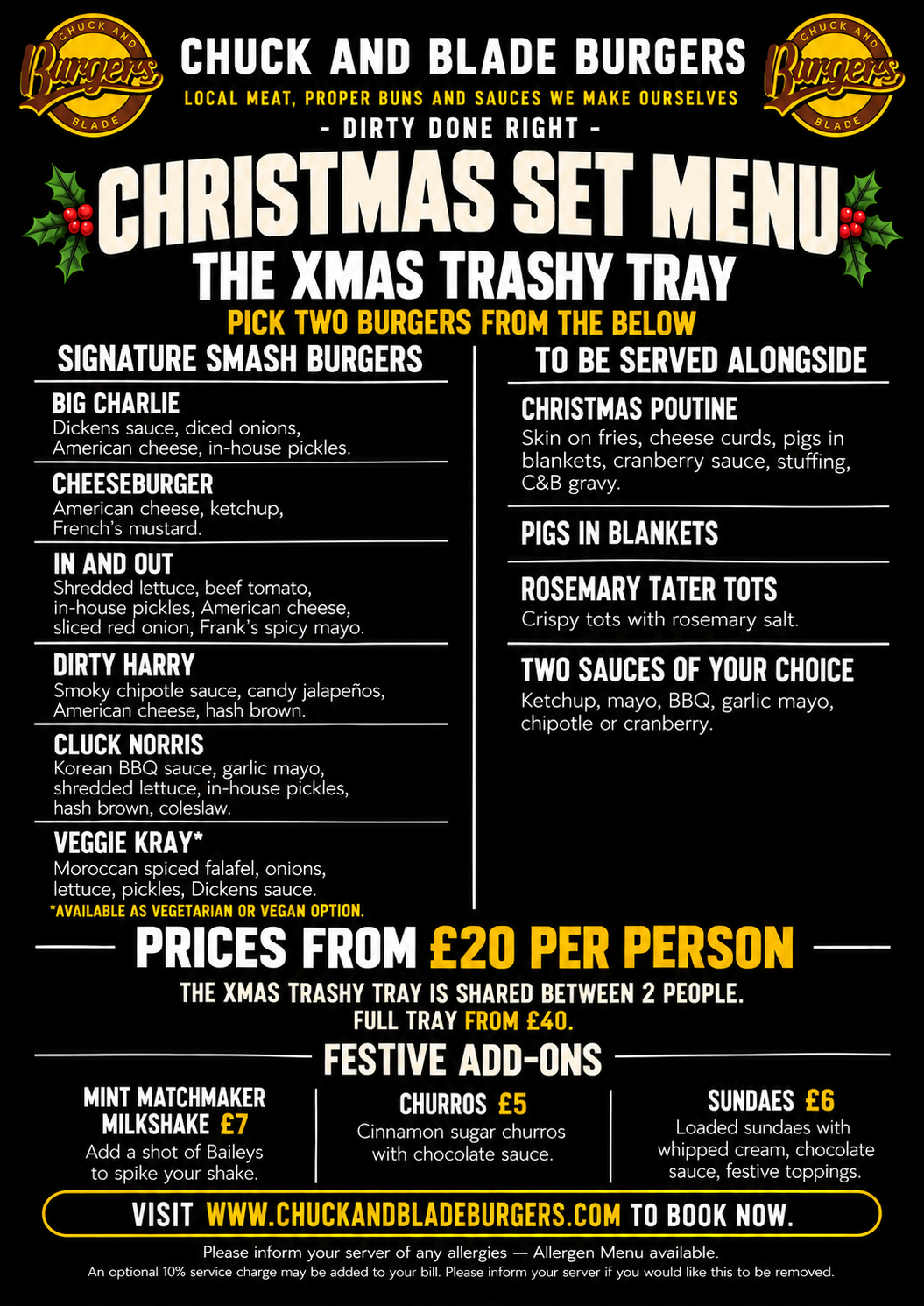 Chuck and Blade Burgers Christmas Set Menu 2026. Select the image to view it full size.